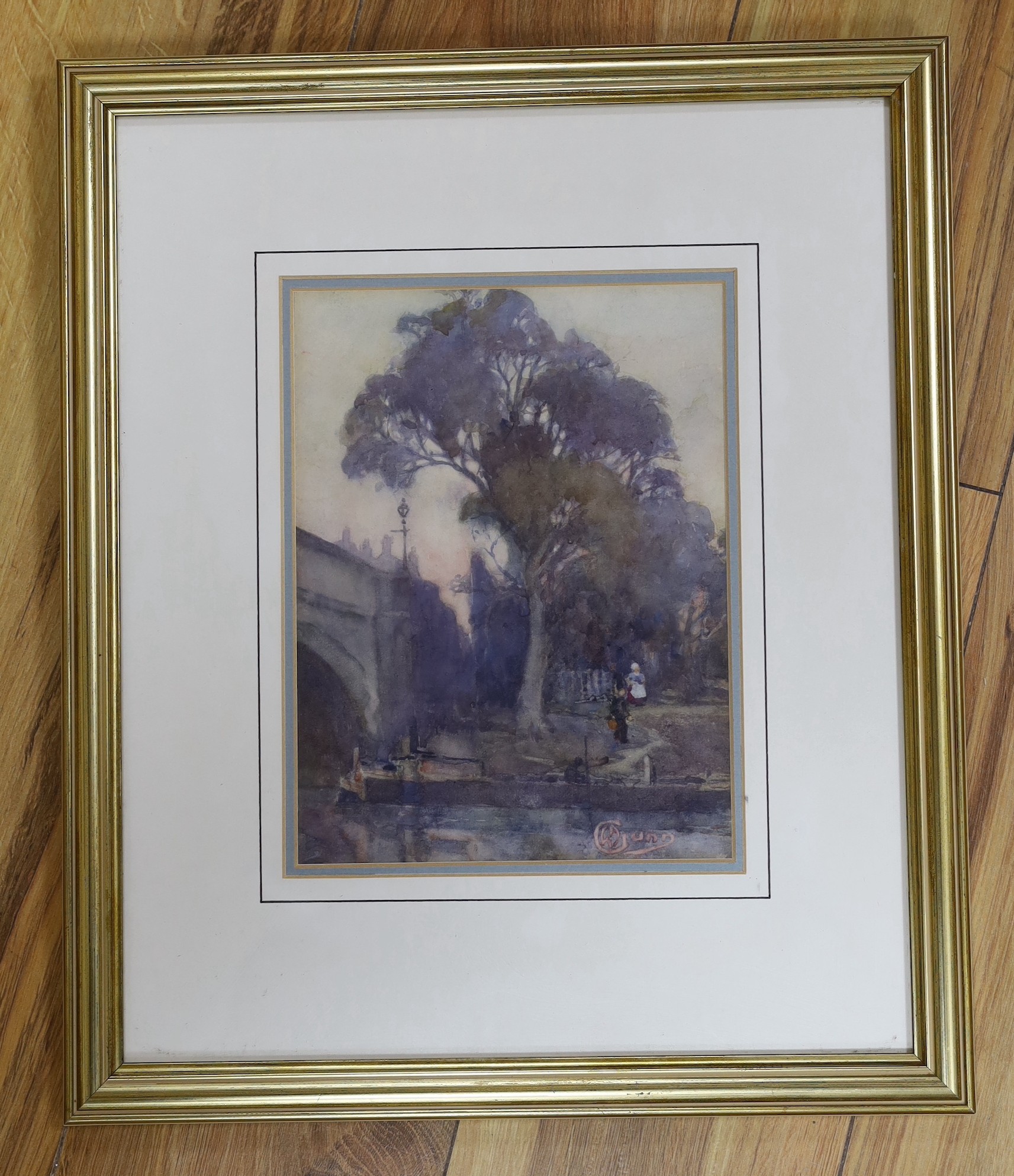 William Archibald Gunn (1877-1966), watercolour, Figures beside a canal, signed, 24 x 18cm